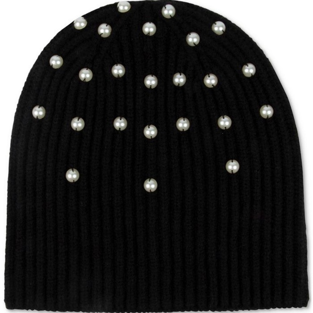 KATE SPADE ACRYLIC KNIT BEANIE WITH FAUX PEARLS BLACK OS NWT